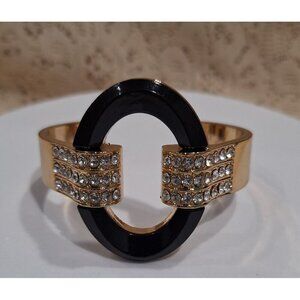 EUC Vintage Gold-Tone & Black Cuff Bangle Bracelet With Clear Rhinestones